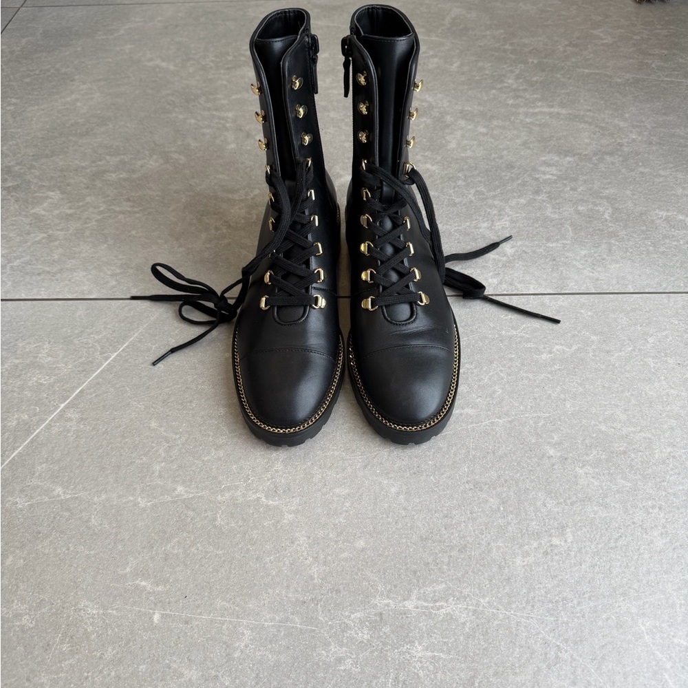 Stuart Weitzman Black Lace-Up Combat Boots with Gold Hardware